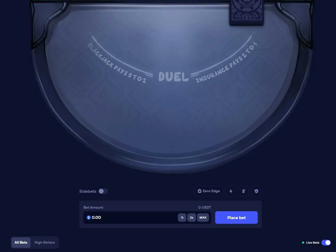 Duel's Blackjack Original table, branded Duel, reading 'Blackjack pays 3 to 2' with a Sidebets toggle and a Zero Edge label.