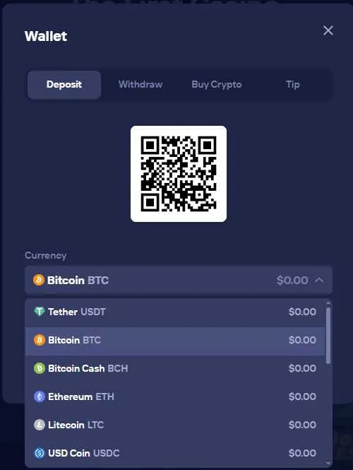 Duel.com's deposit screen showing a Bitcoin QR code and a currency list: Bitcoin, Tether, Bitcoin Cash, Ethereum, Litecoin and USD Coin.