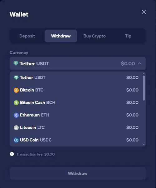 Duel.com's crypto withdrawal screen at mobile width, listing coins USDT, BTC, ETH, LTC, BCH and USDC with a $0.00 transaction fee.