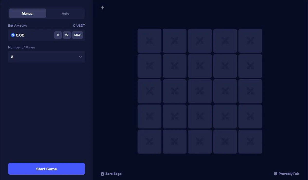 Duel's Mines Original showing a five by five grid, a mines count set to three, and Zero Edge and Provably Fair labels.