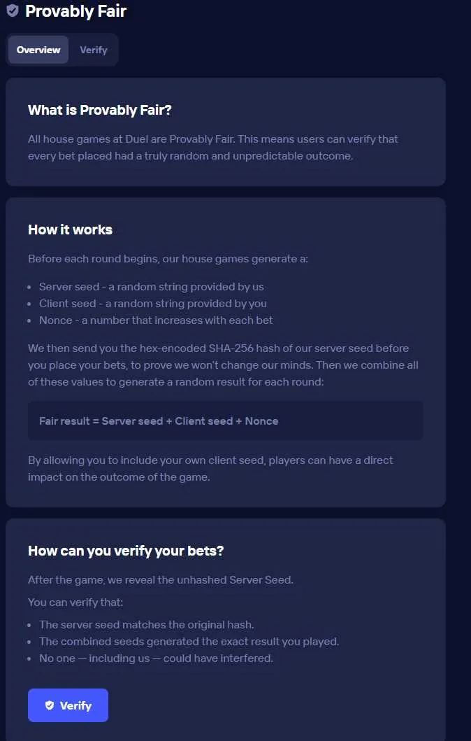 Duel.com's Provably Fair page explaining how a server seed, your client seed and a nonce combine into a verifiable SHA-256 result for every bet.