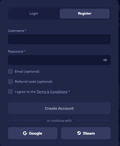 Duel.com's registration form: a username and password field with email and referral code marked optional, plus Google and Steam sign-in options.